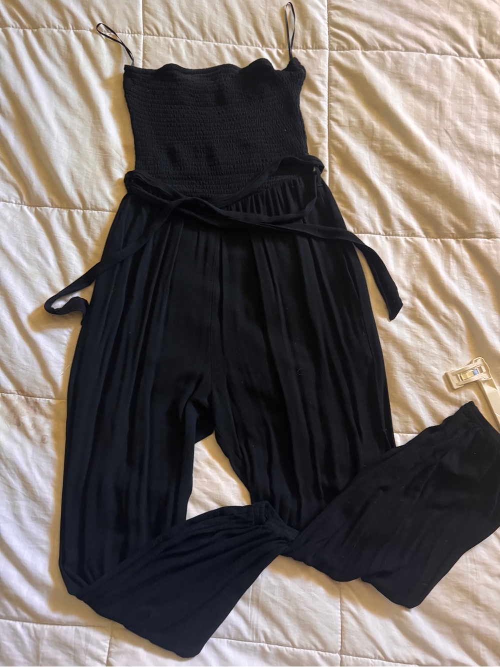 Bluivy Black Smocked Strap Jumpsuit with Waist Tie
